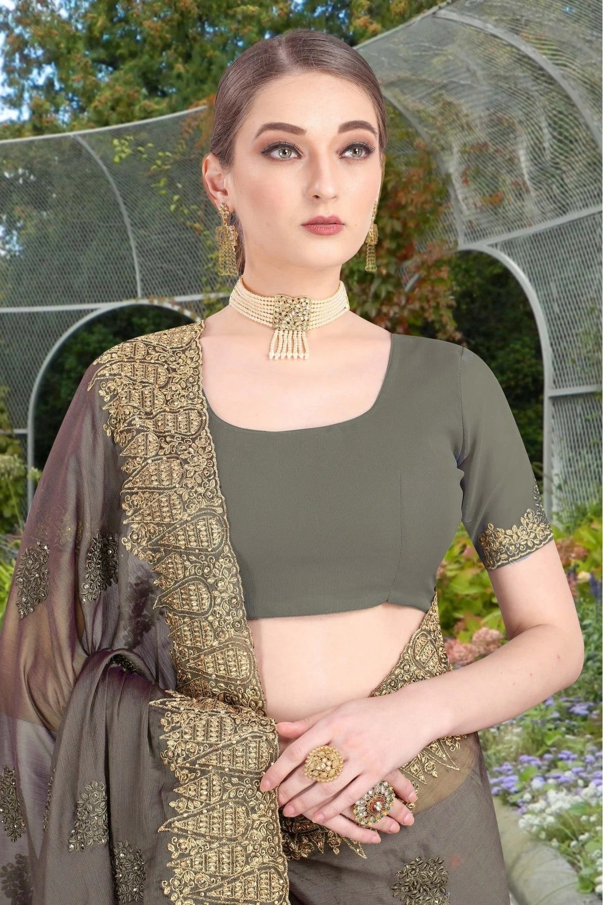 Grey Colour Chiffon Embroidery Saree SD1120768 A