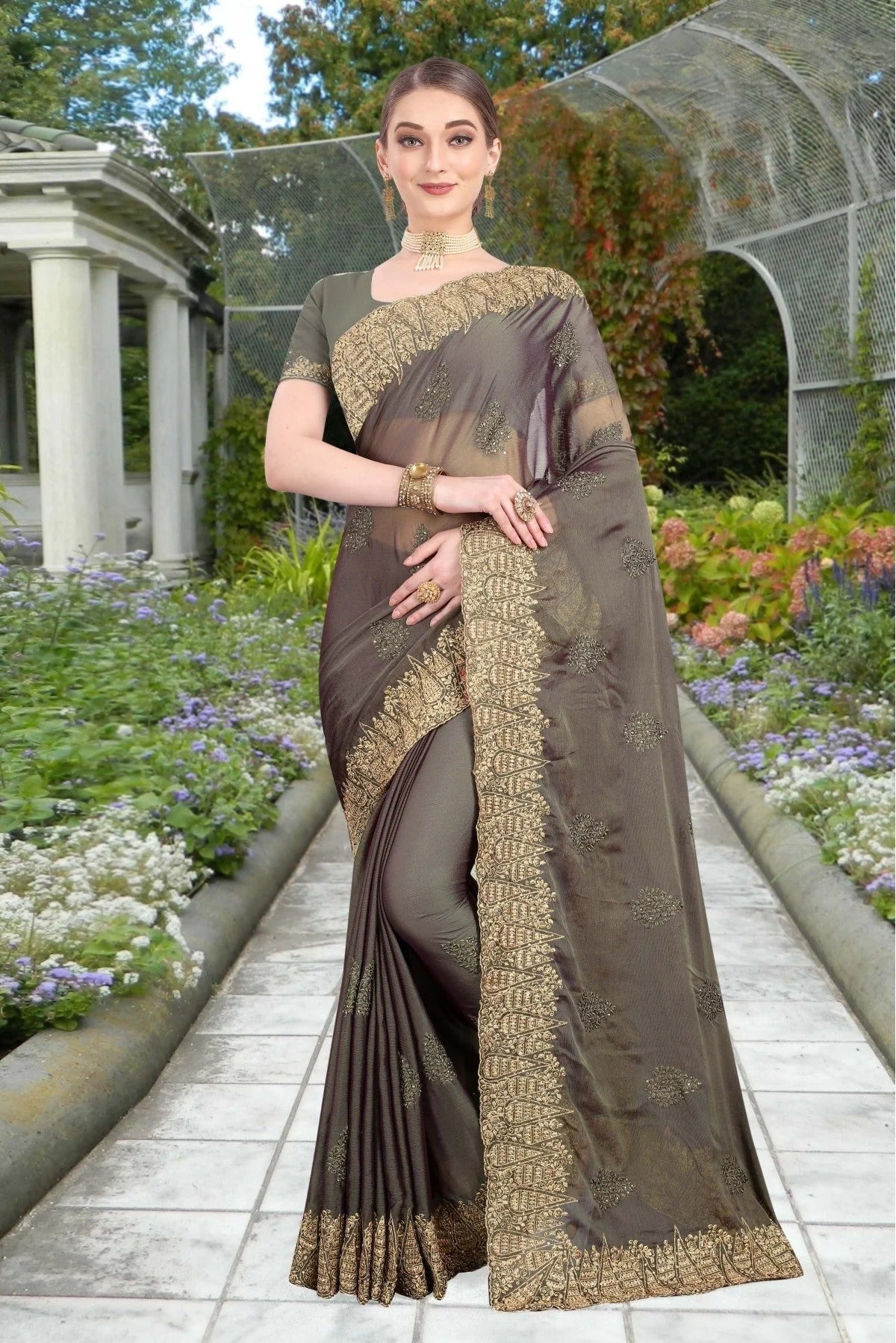 Grey Colour Chiffon Embroidery Saree SD1120768