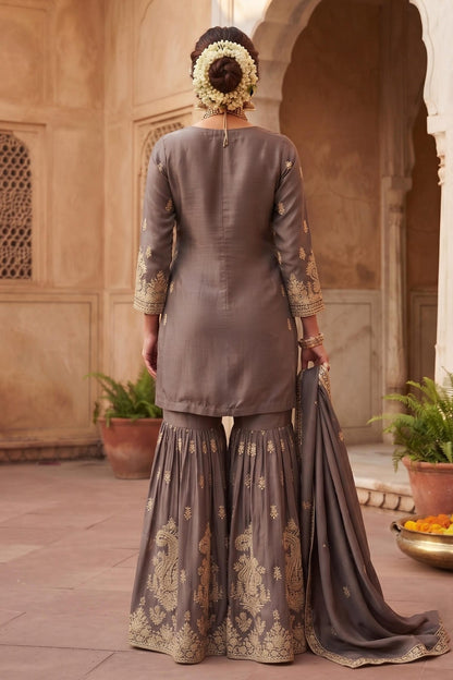 Grey Colour Chinon Embroidery Work Sharara Suit
