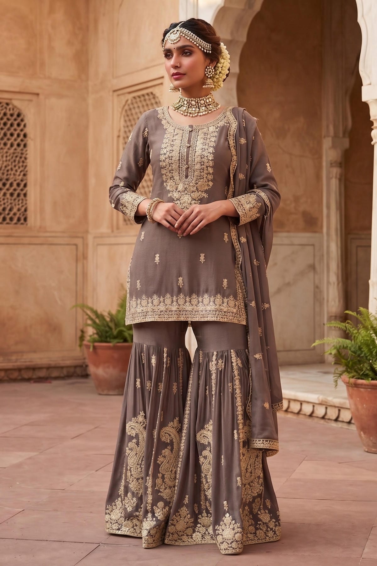 Grey Colour Chinon Embroidery Work Sharara Suit