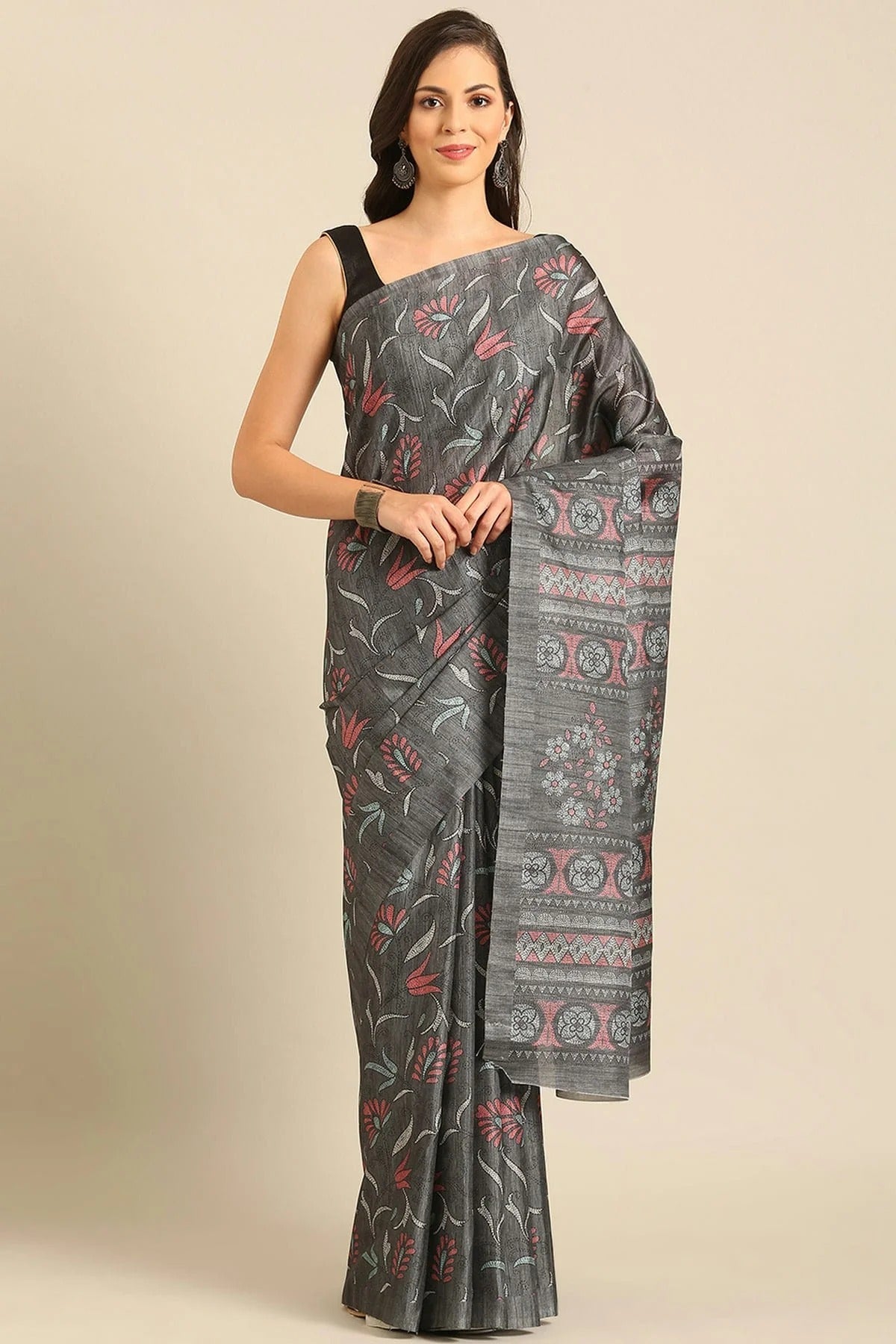 Grey Colour Cotton Katha Handloom Silk Saree SD1102472