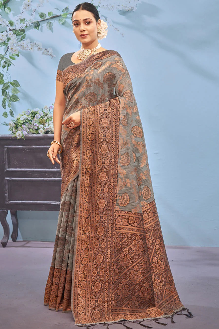 Grey Colour Cotton Traditional Saree In Woven Work SD1100965