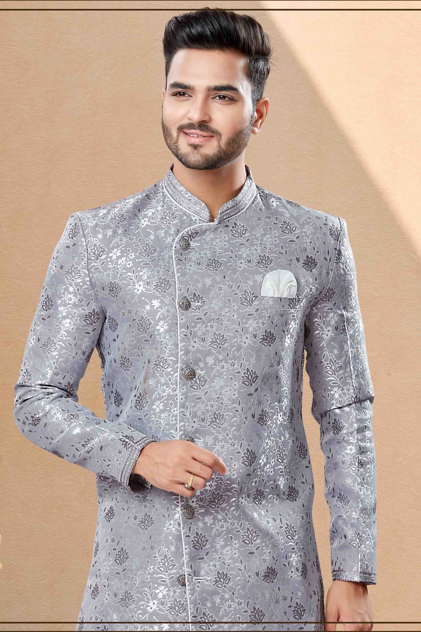 Grey Colour Dhoti Sherwani In Banarasi Jacquard Fabric SH1040385 A