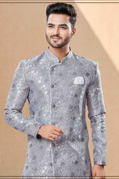 Grey Colour Dhoti Sherwani In Banarasi Jacquard Fabric SH1040385 A