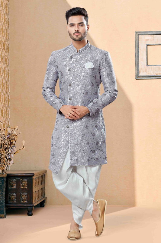 Grey Colour Dhoti Sherwani In Banarasi Jacquard Fabric SH1040385