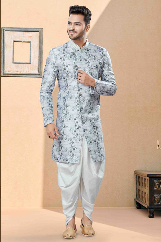 Grey Colour Dhoti Sherwani In Jacquard Fabric SH1040392