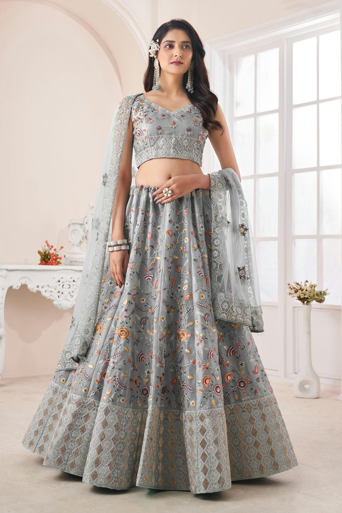 Grey Colour Embroidery Art Silk Lehenga Choli LD1080836