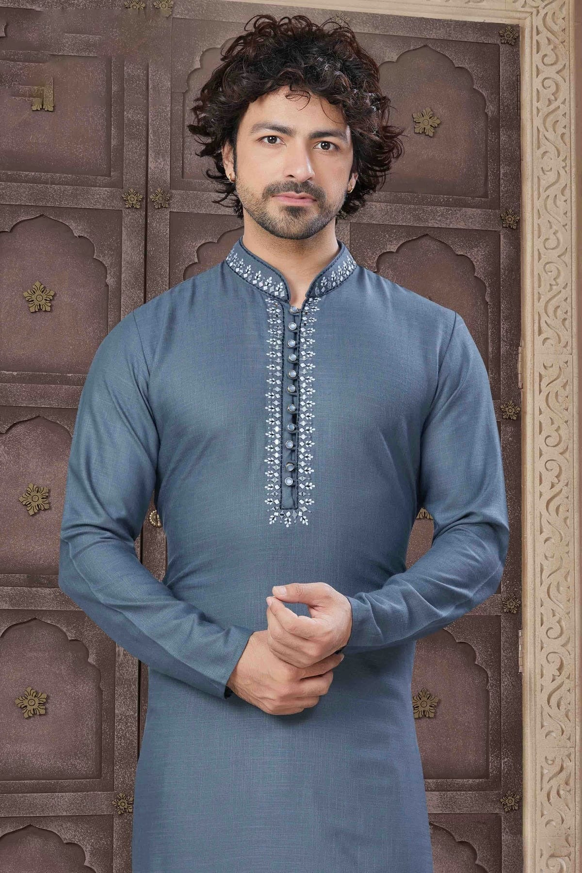 Grey Colour Embroidery Cotton Kurta Pajama KP1113456 A
