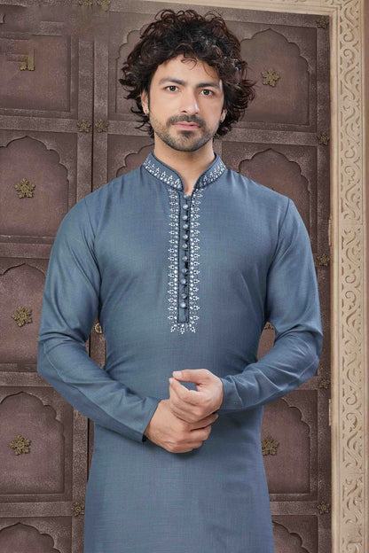 Grey Colour Embroidery Cotton Kurta Pajama KP1113456 A