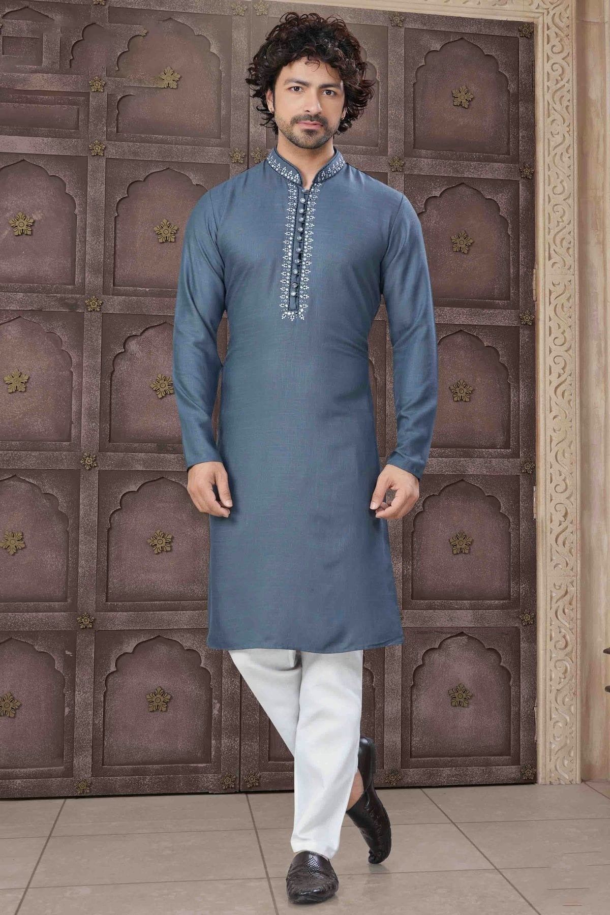 Grey Colour Embroidery Cotton Kurta Pajama KP1113456