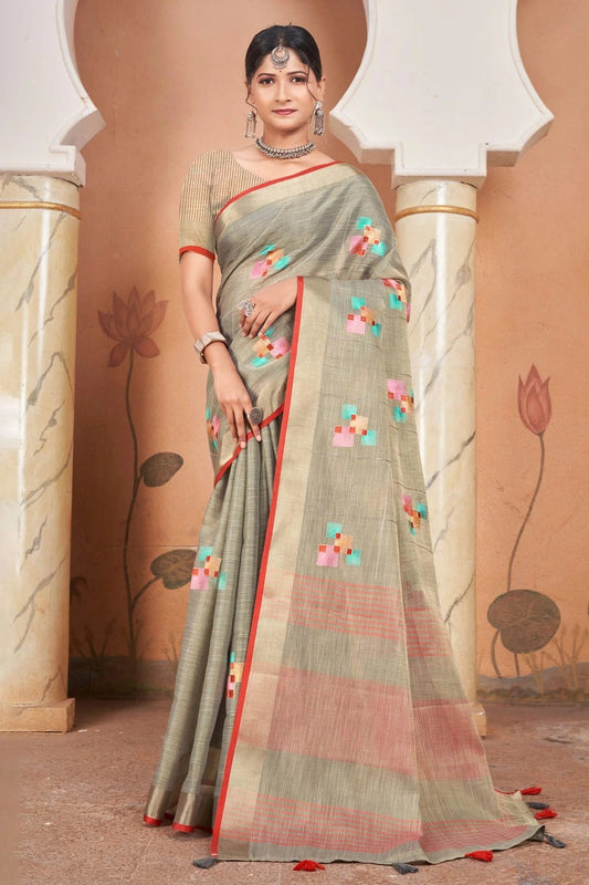 Grey Colour Embroidery Work Linen Saree SD1101432