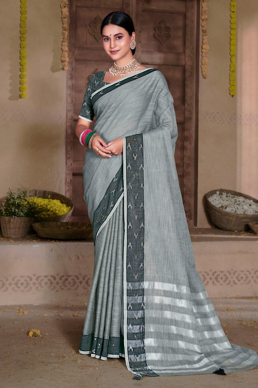 Grey Colour Embroidery Work Linen Saree SD1101550