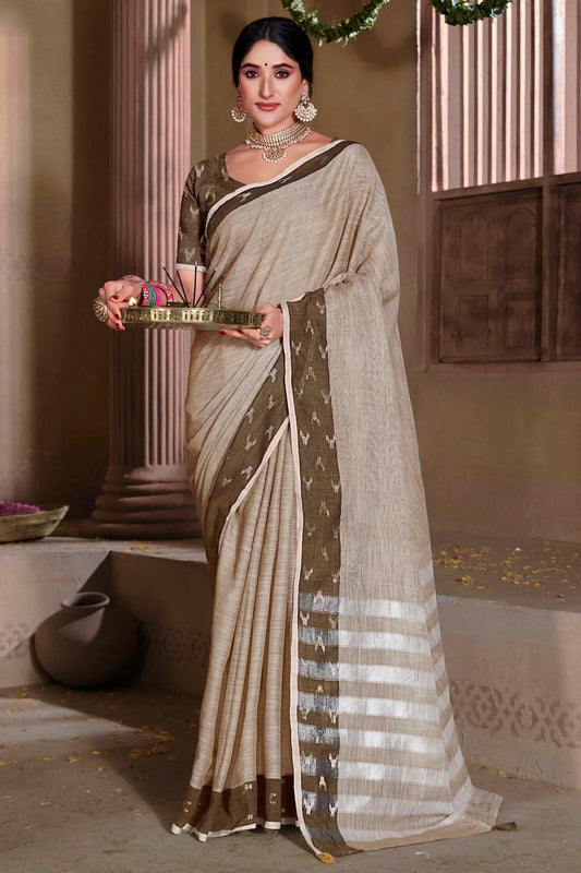 Grey Colour Embroidery Work Linen Saree SD1101553