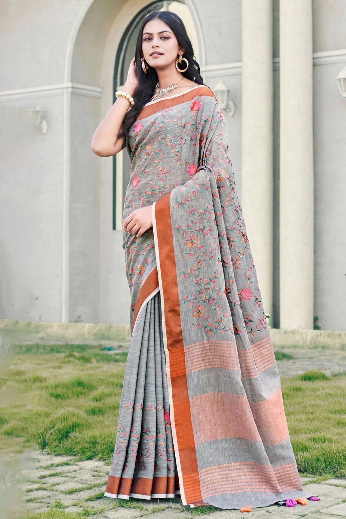 Grey Colour Embroidery Work Linen Saree SD1101603