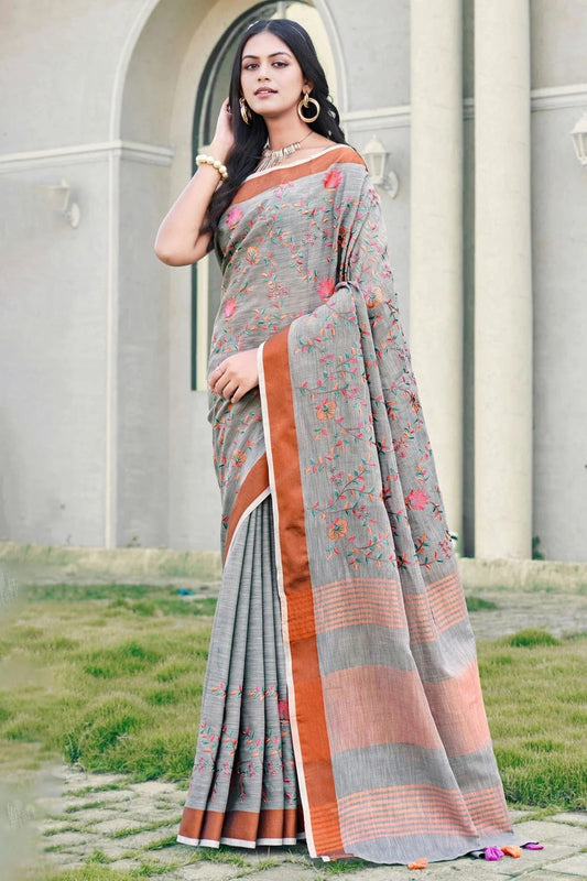 Grey Colour Embroidery Work Linen Saree SD1101603