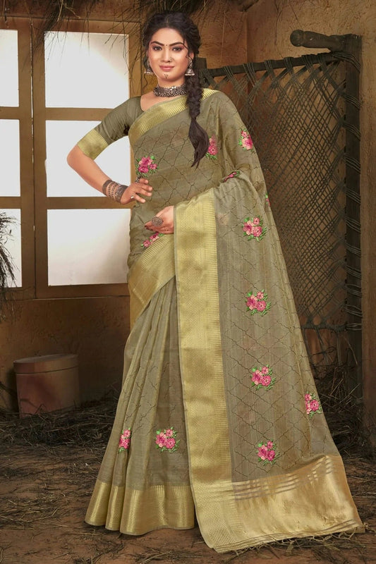 Grey Colour Embroidery Work Organza Saree SD1101383