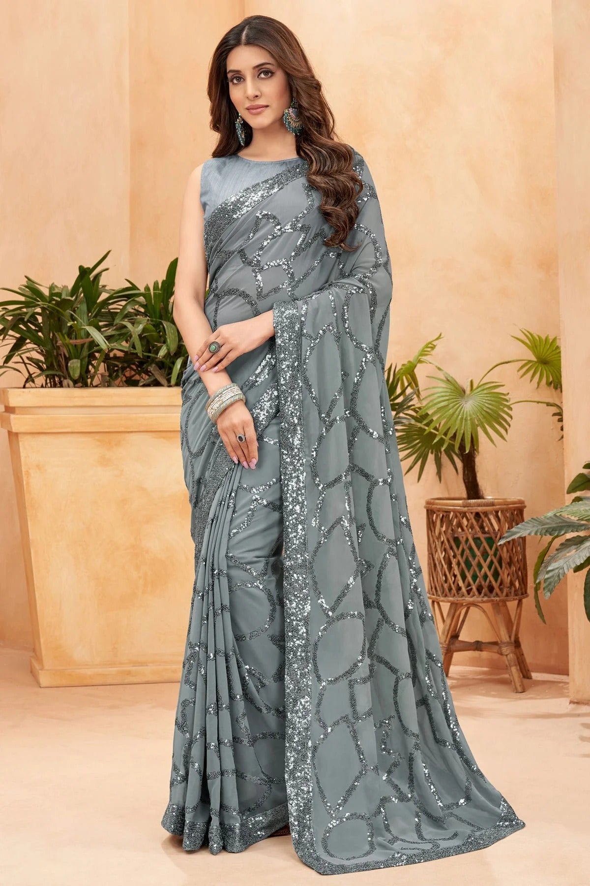 Grey Colour Faux Georgette Designer Saree SD1110936