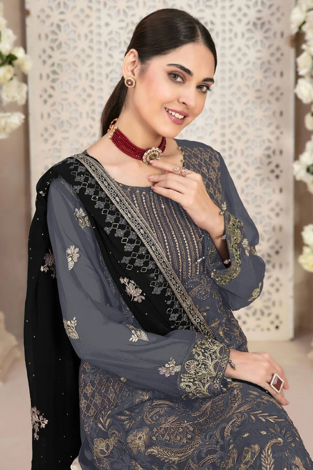 Grey Colour Faux Georgette Pakistani Suit SM1140050 A