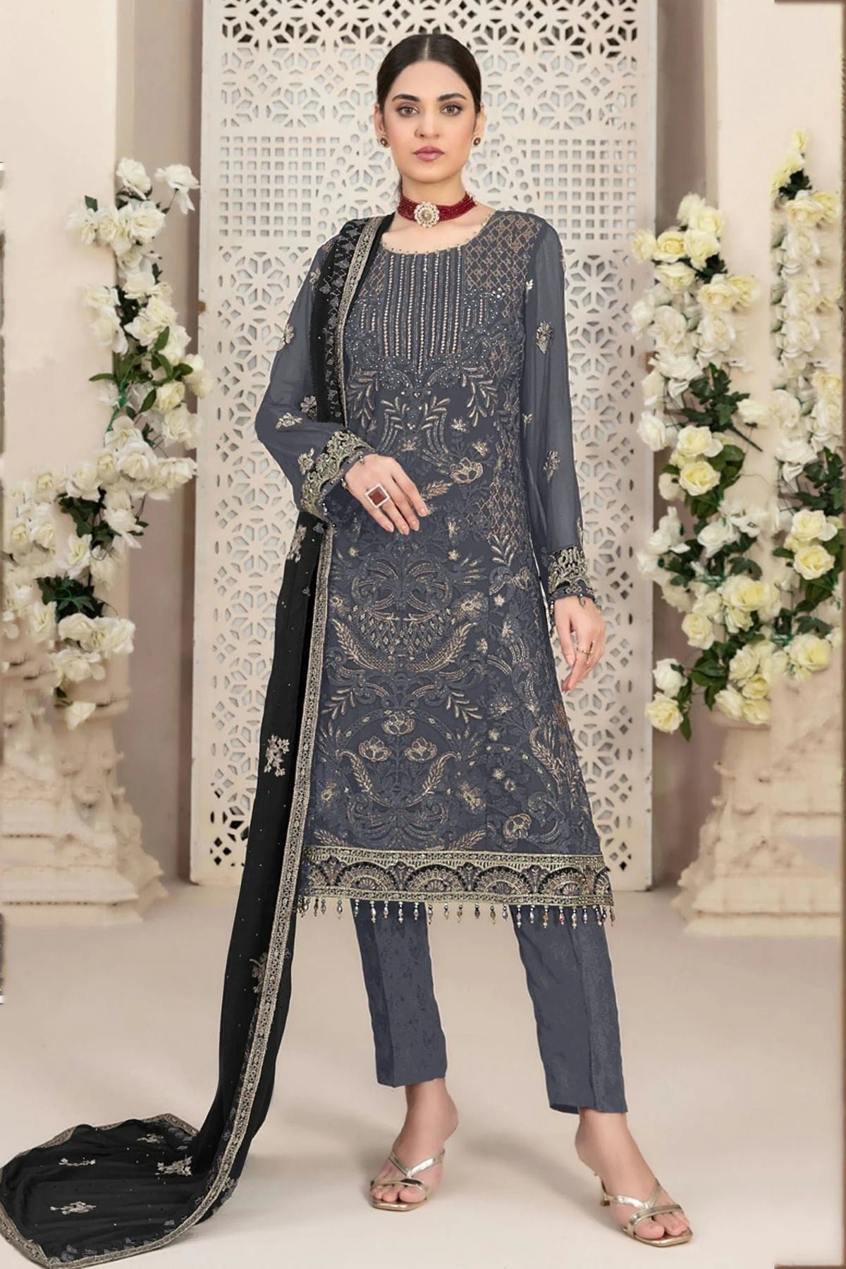 Grey Colour Faux Georgette Pakistani Suit SM1140050