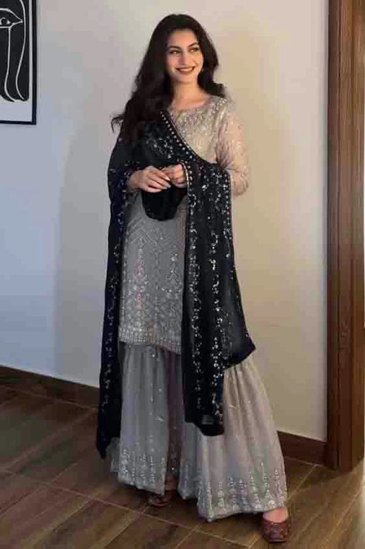 Grey Colour Faux Georgette Stitched Sharara Suit SS1140986