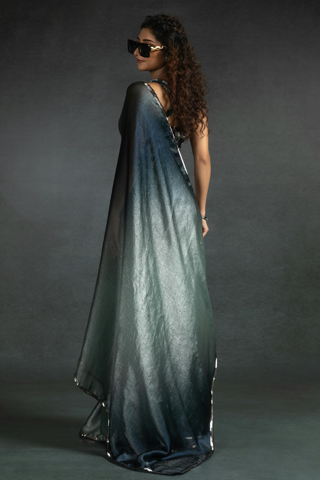 Grey Colour Fendi Satin Silk Ready To Wear Saree