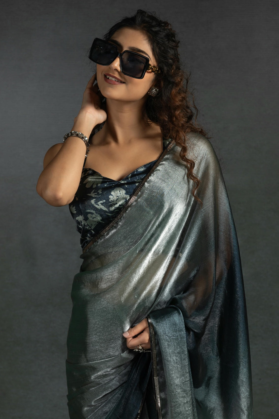 Grey Colour Fendi Satin Silk Ready To Wear Saree