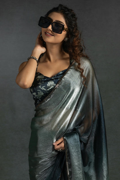 Grey Colour Fendi Satin Silk Ready To Wear Saree