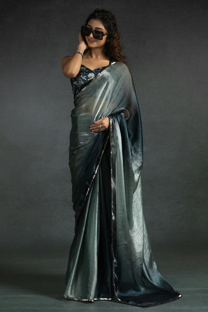Grey Colour Fendi Satin Silk Ready To Wear Saree