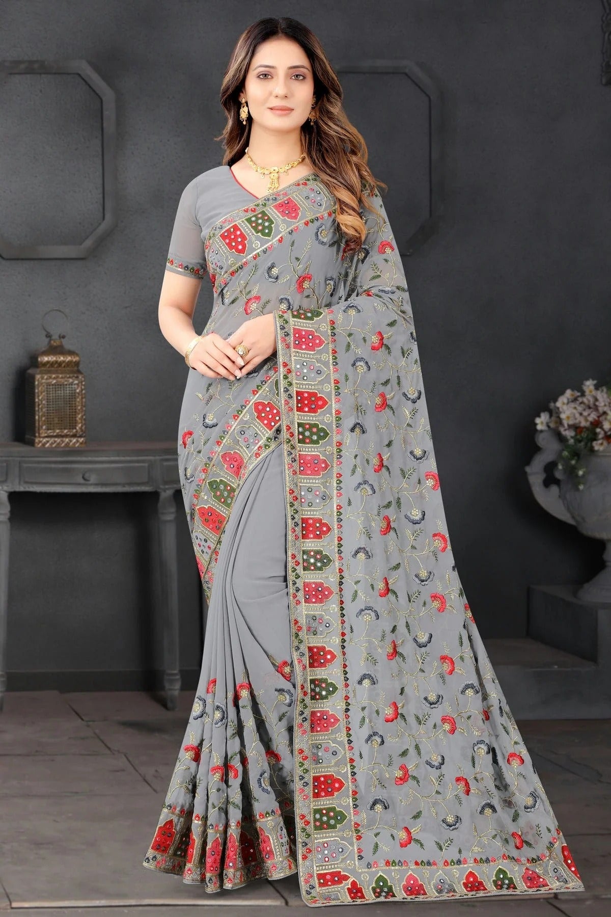 Grey Colour Georgette Designer Saree SD1091193