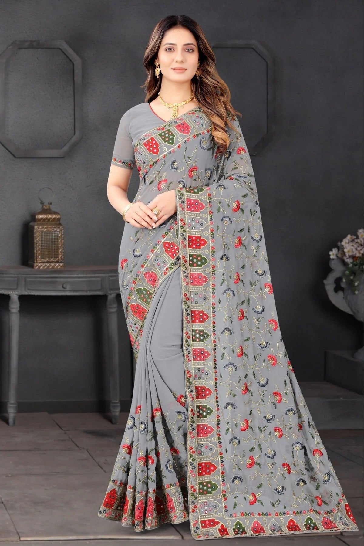 Grey Colour Georgette Embroidery Saree SD1090205
