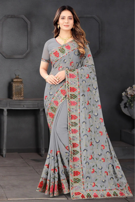 Grey Colour Georgette Embroidery Saree SD1090205