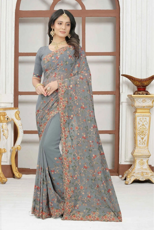 Grey Colour Georgette Embroidery Saree SD1090323