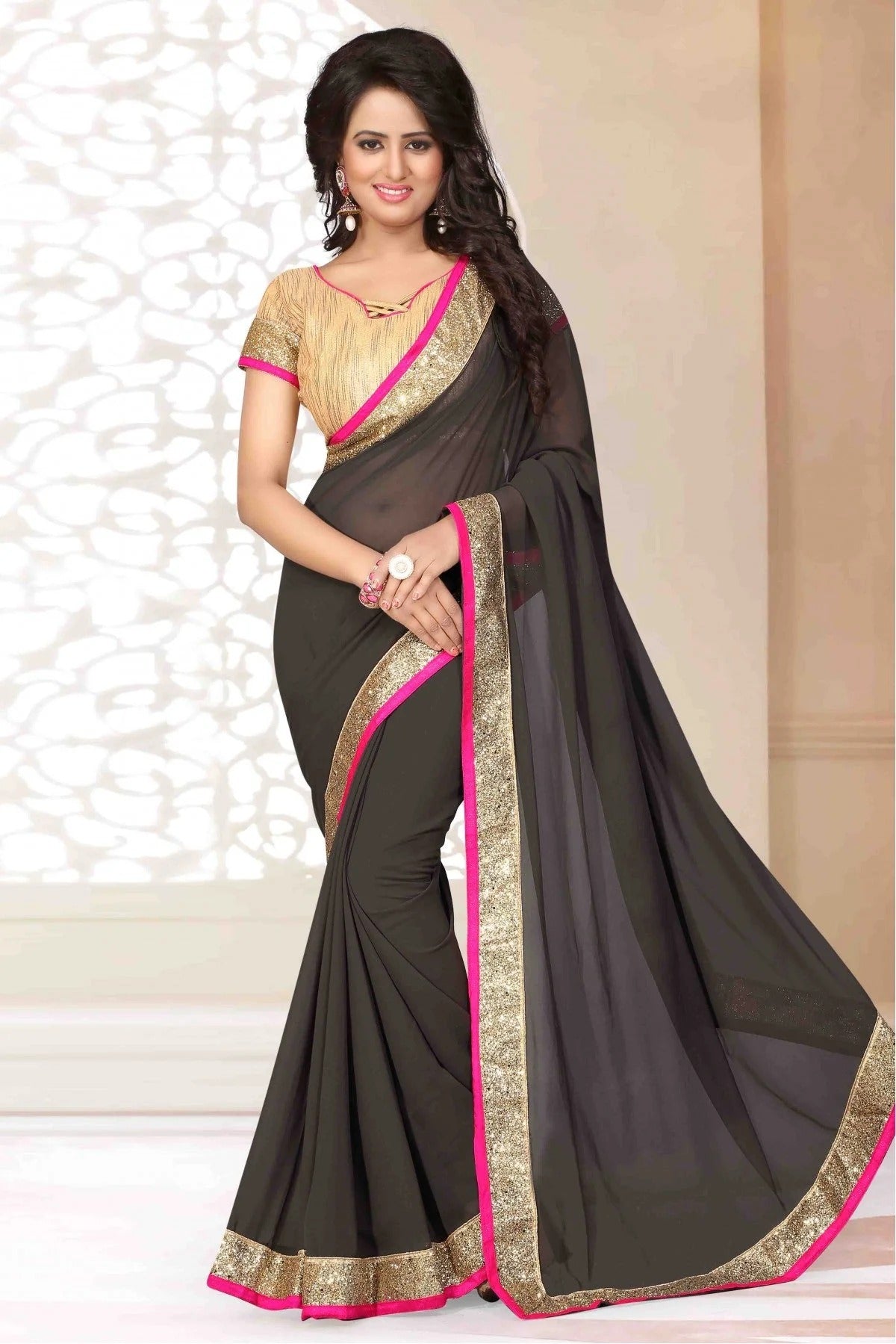 Grey Colour Georgette Lace Work Saree SD1120557