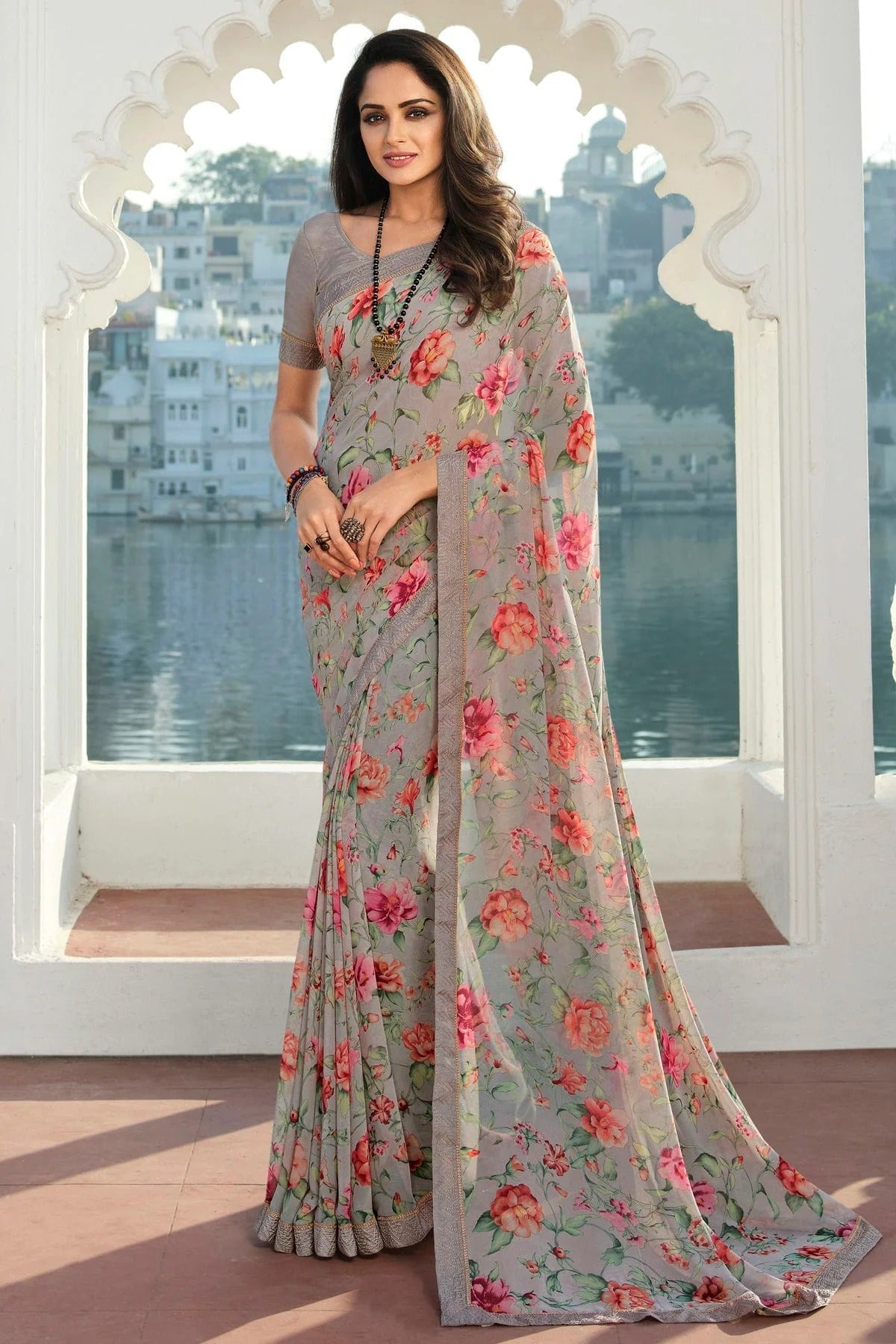 Grey Colour Georgette Printed Saree SD1180074