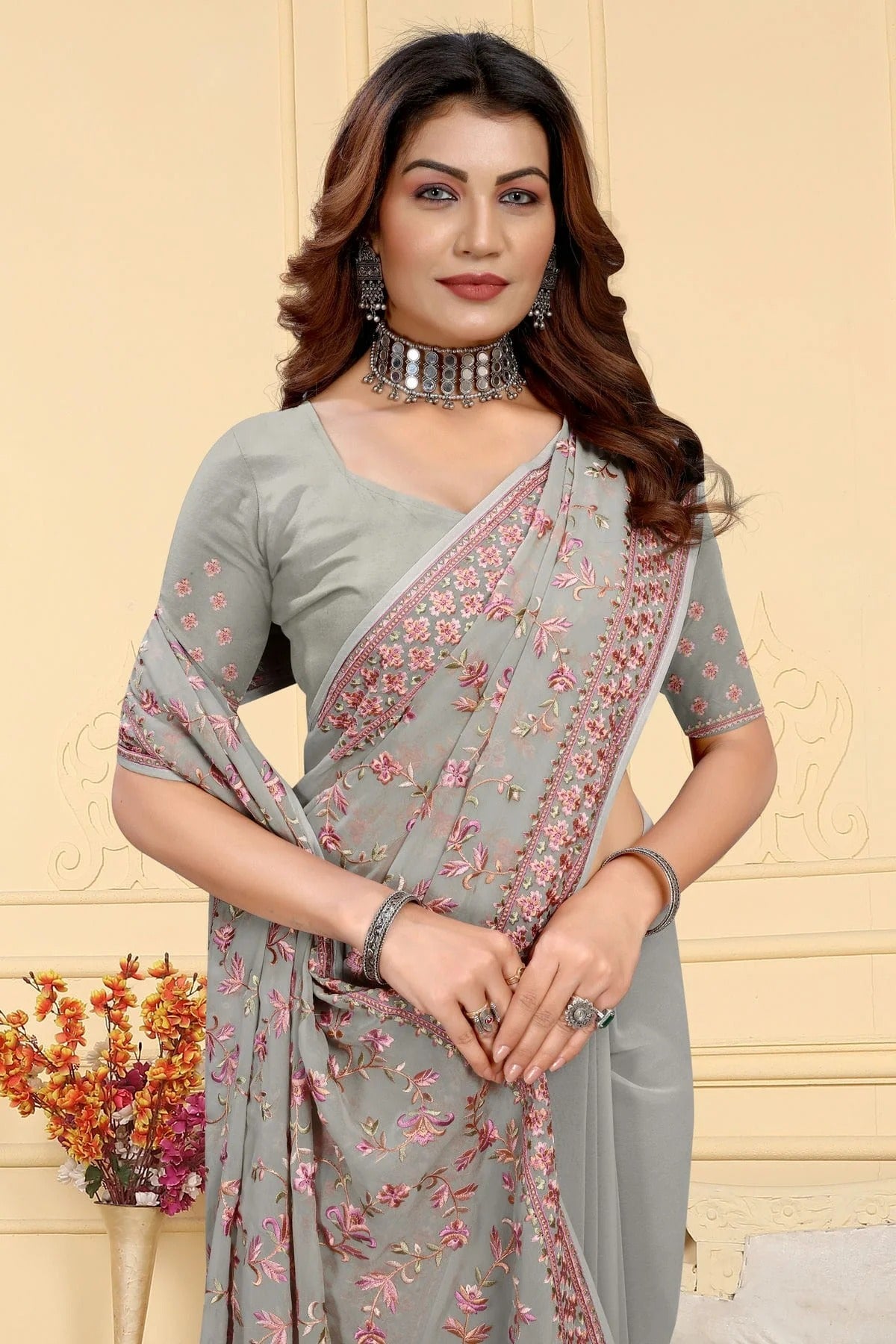 Grey Colour Georgette Saree SD1091037 A