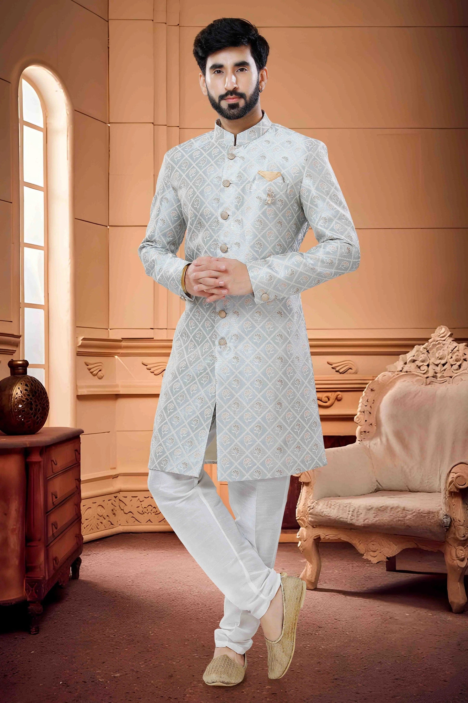 Grey Colour Indo Western In Silk Fabric SH1130121