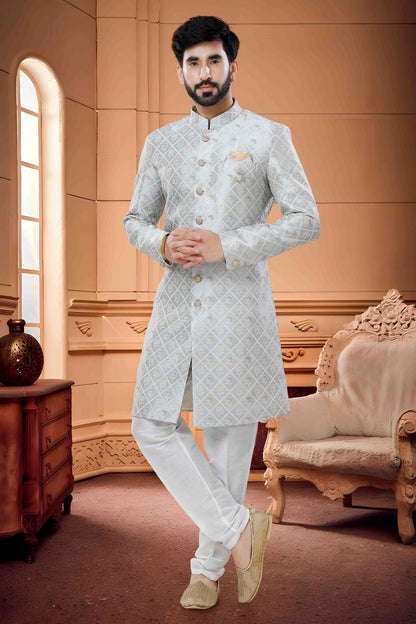 Grey Colour Indo Western In Silk Fabric SH1130121