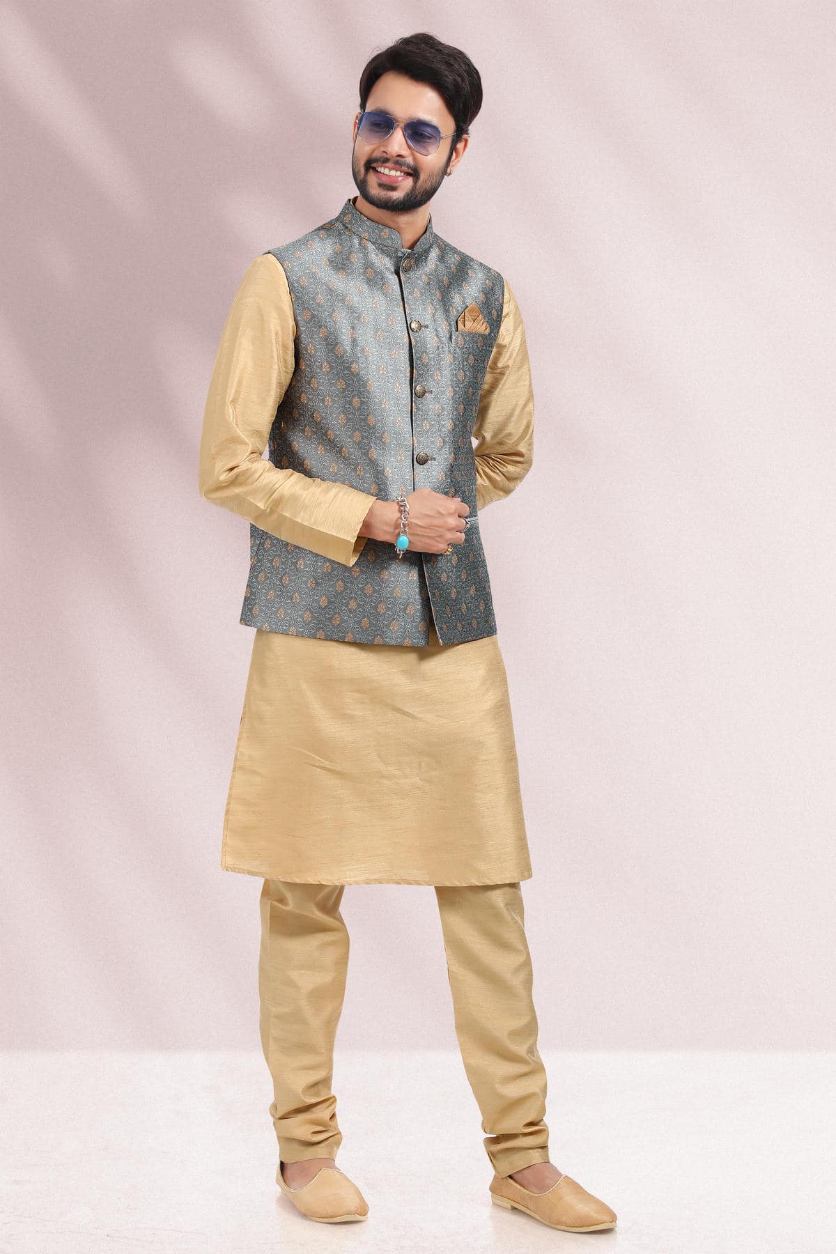 Grey Colour Jacquard Banarasi Silk Woven Work Kurta Pajama With Jacket