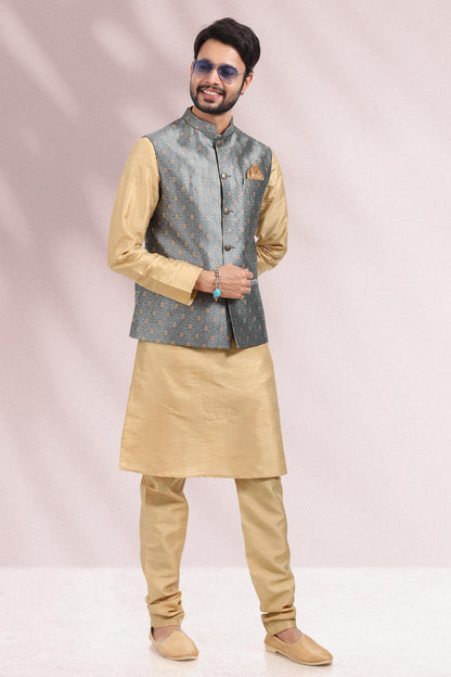 Grey Colour Jacquard Banarasi Silk Woven Work Kurta Pajama With Jacket