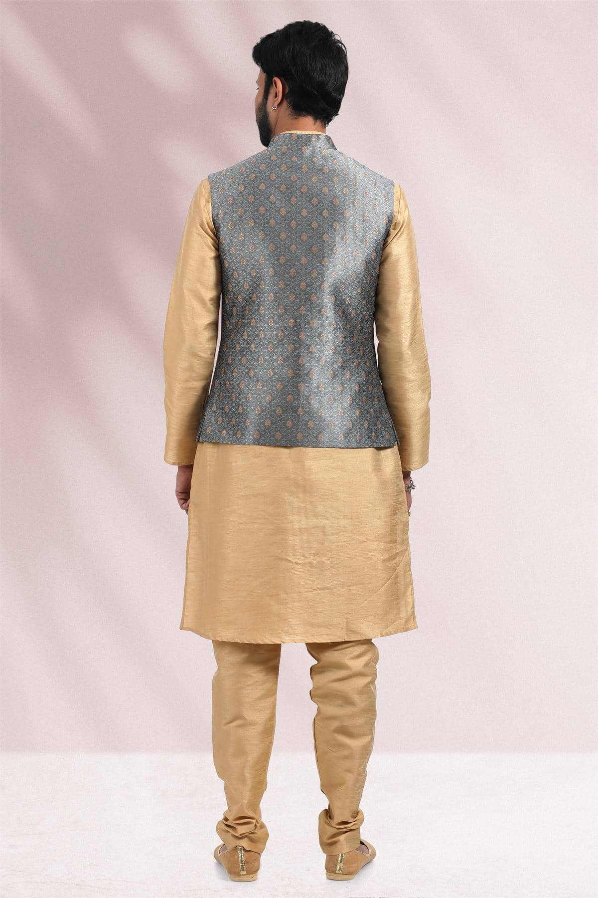 Grey Colour Jacquard Banarasi Silk Woven Work Kurta Pajama With Jacket