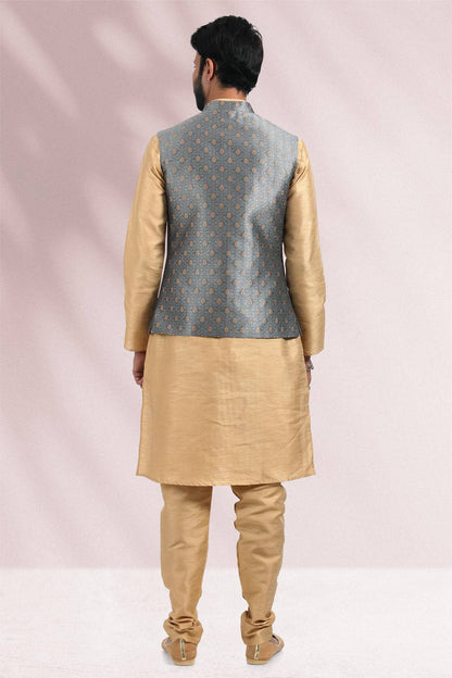 Grey Colour Jacquard Banarasi Silk Woven Work Kurta Pajama With Jacket
