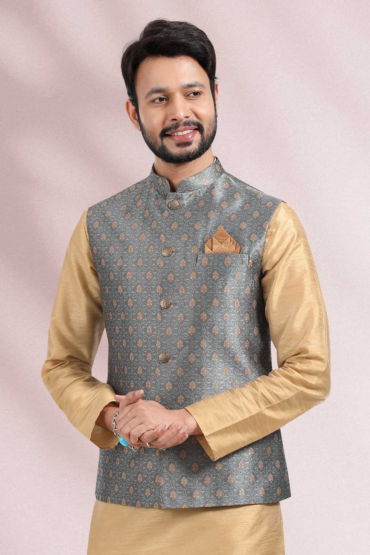 Grey Colour Jacquard Banarasi Silk Woven Work Kurta Pajama With Jacket