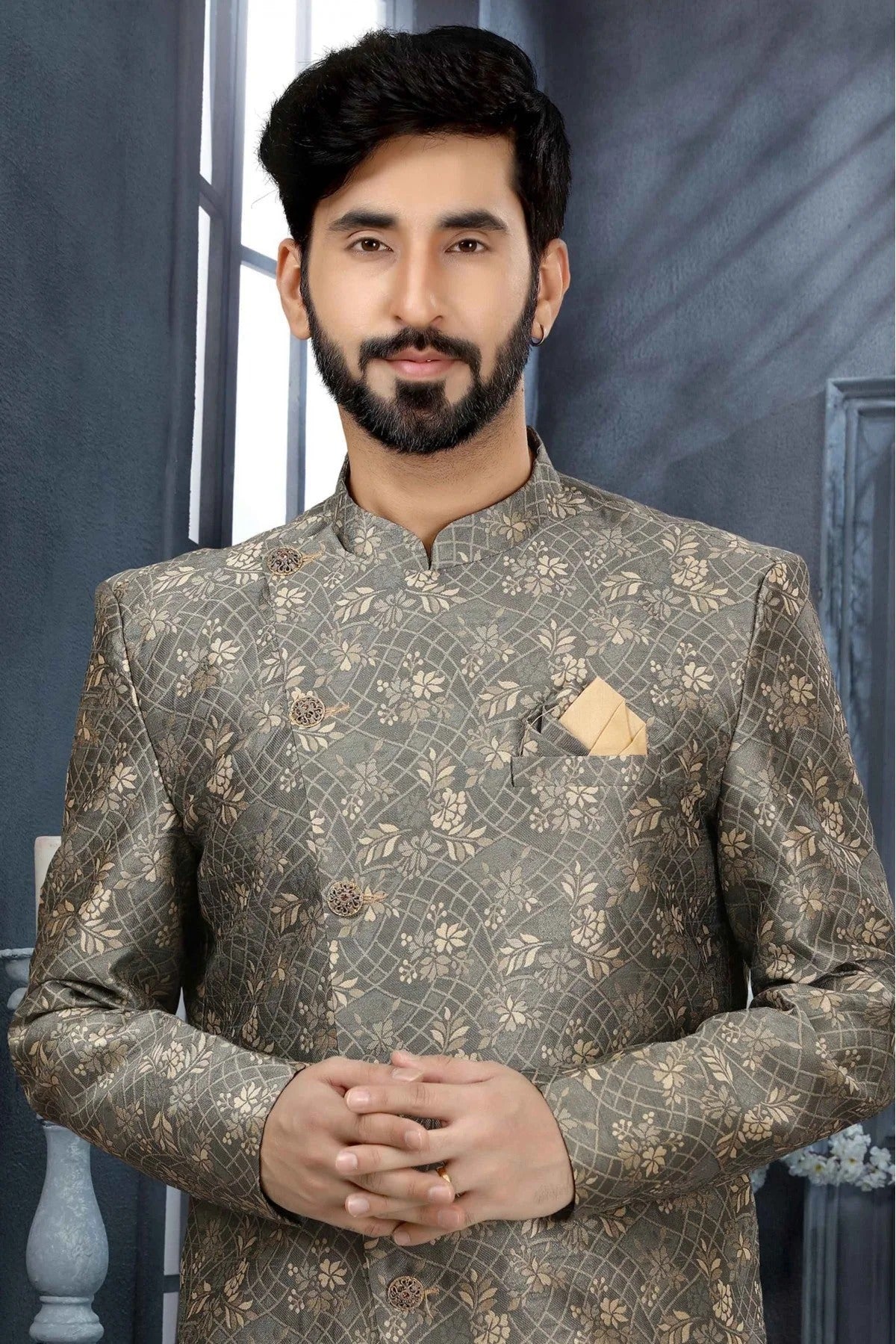 Grey Colour Jacquard Digital Print Sherwani SH1040350 A