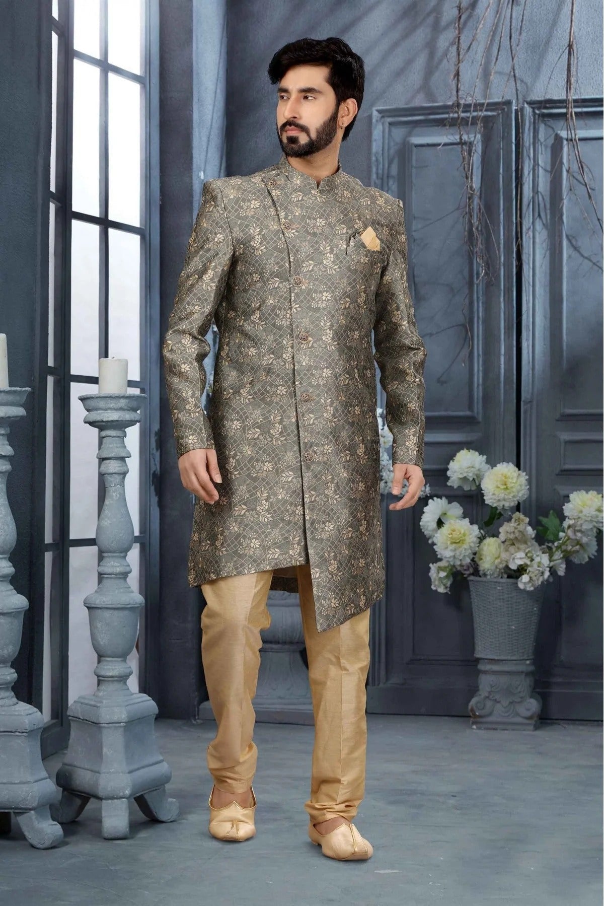 Grey Colour Jacquard Digital Print Sherwani SH1040350