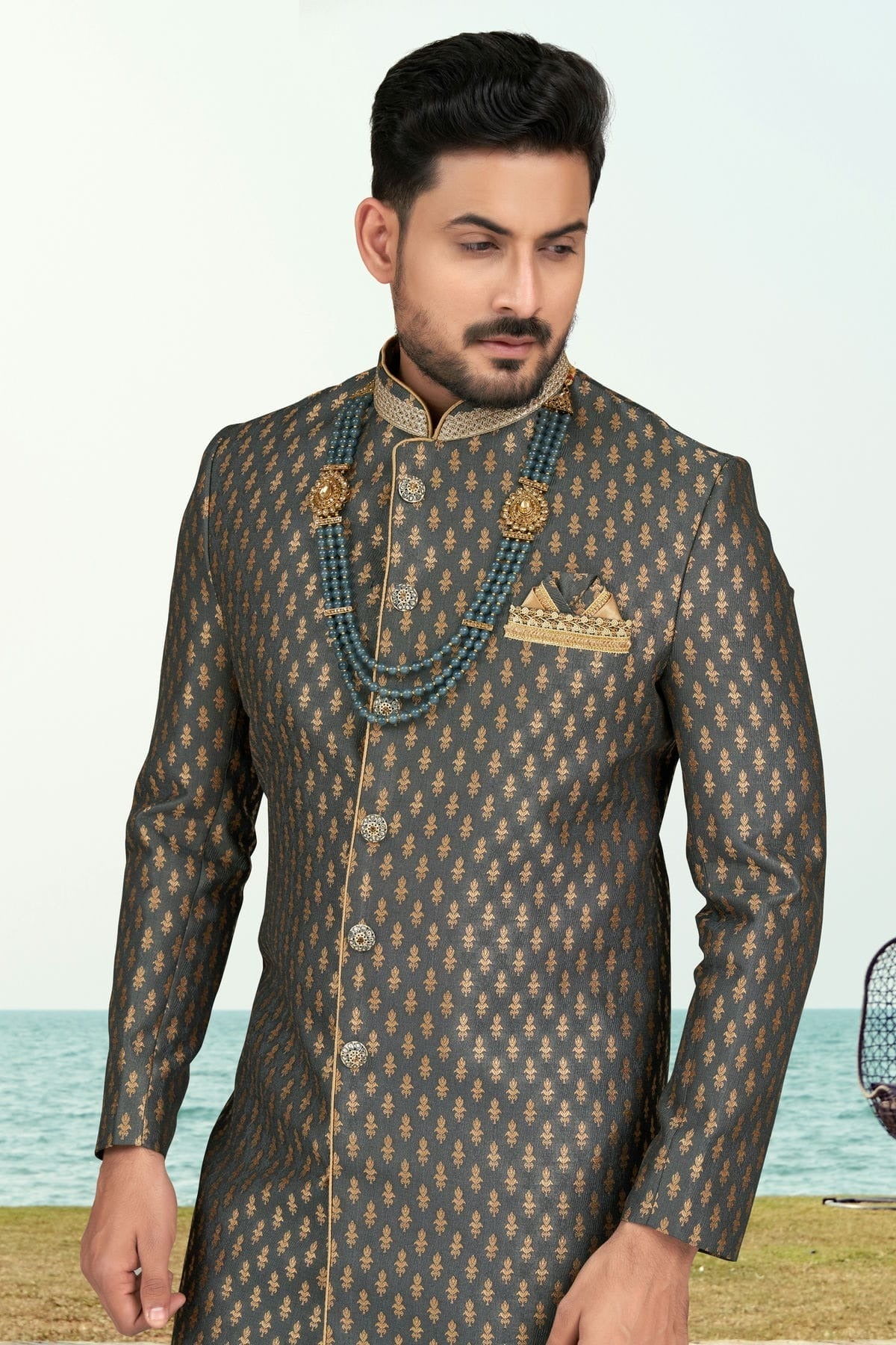 Grey Colour Jacquard Indo Western Sherwani SH1040505 A