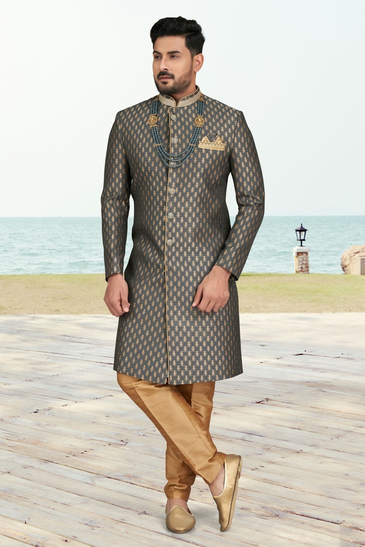 Grey Colour Jacquard Indo Western Sherwani SH1040505
