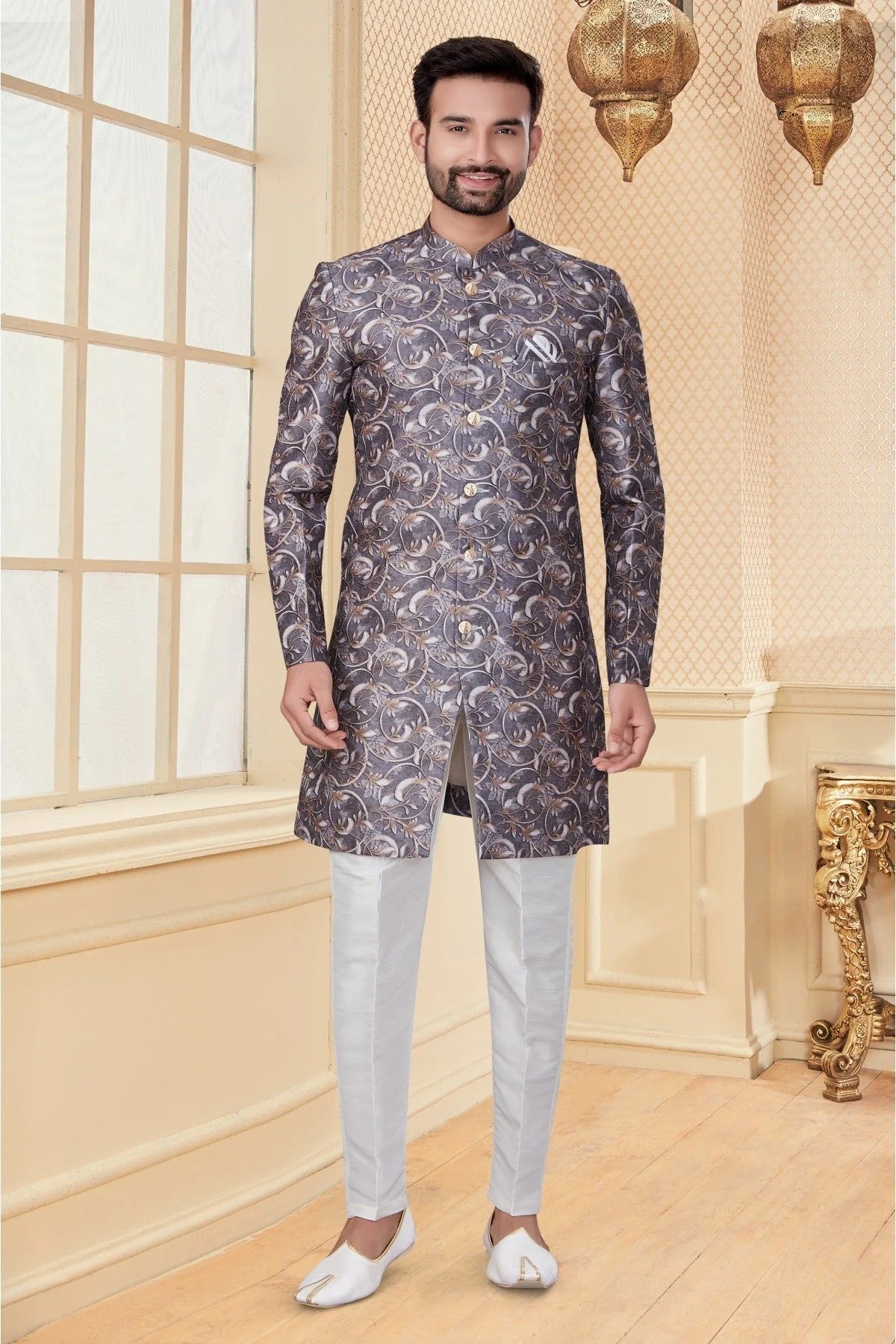Grey Colour Jacquard Sherwani SH1040274