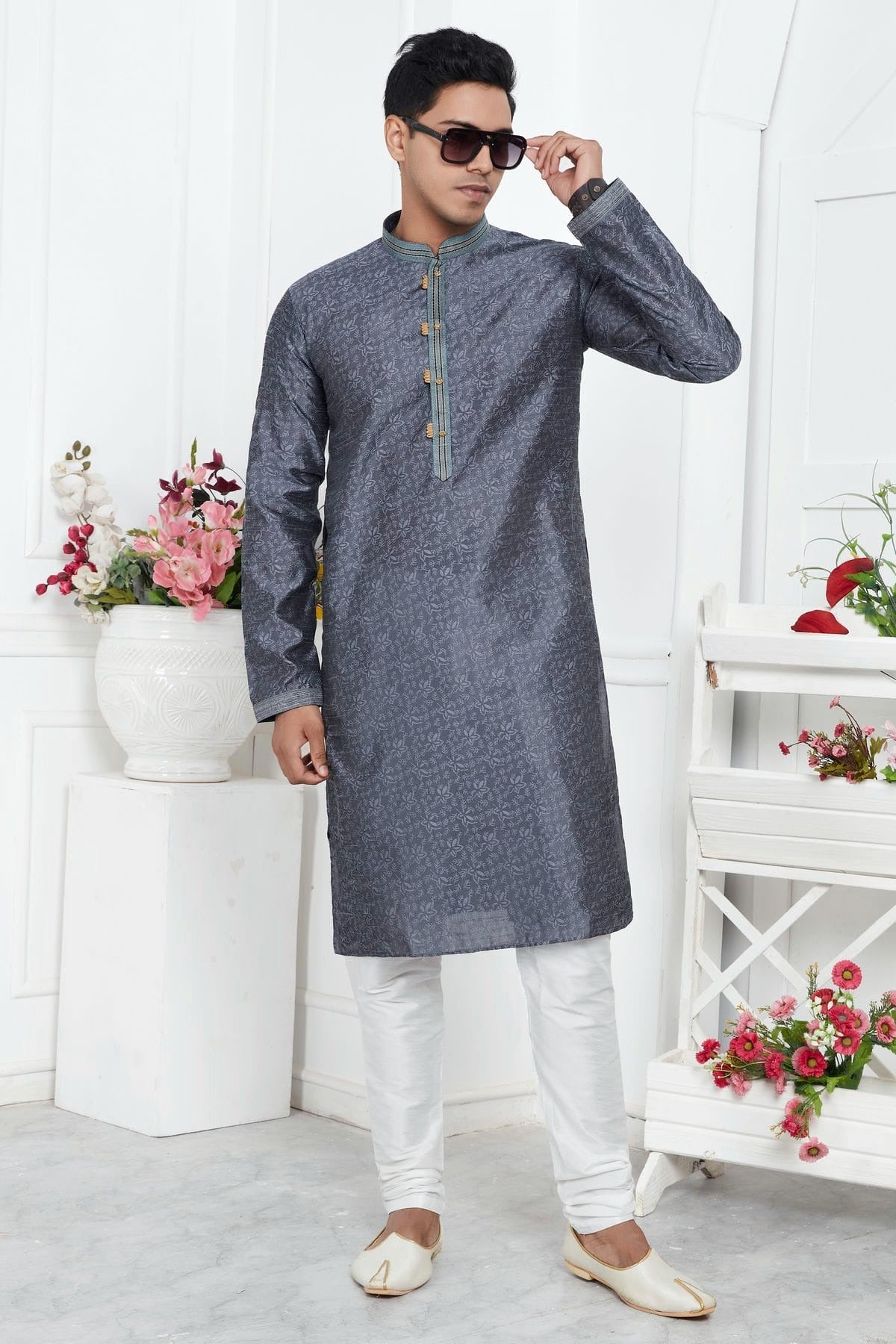 Grey Colour Jacquard Silk Brocade Kurta Pajama KP1230215 A
