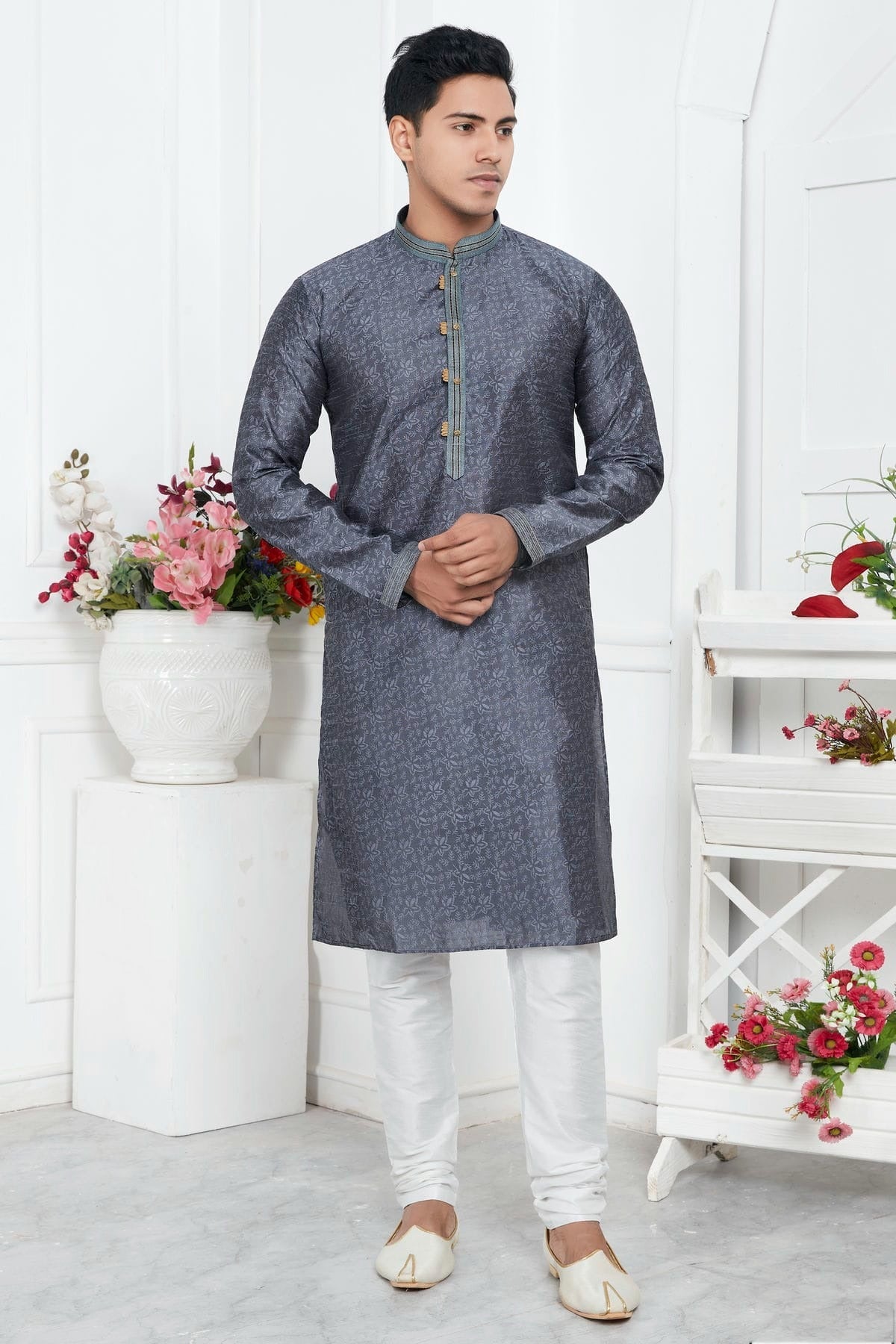Grey Colour Jacquard Silk Brocade Kurta Pajama KP1230215