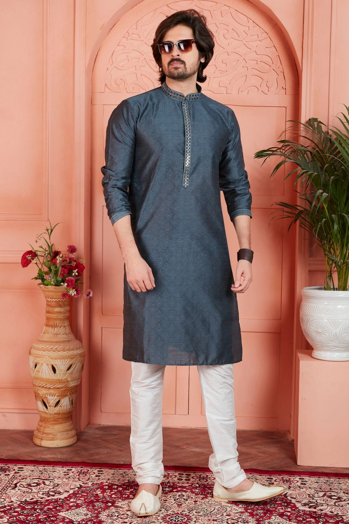 Grey Colour Jacquard Silk Brocade Kurta Pajama KP1230234 A